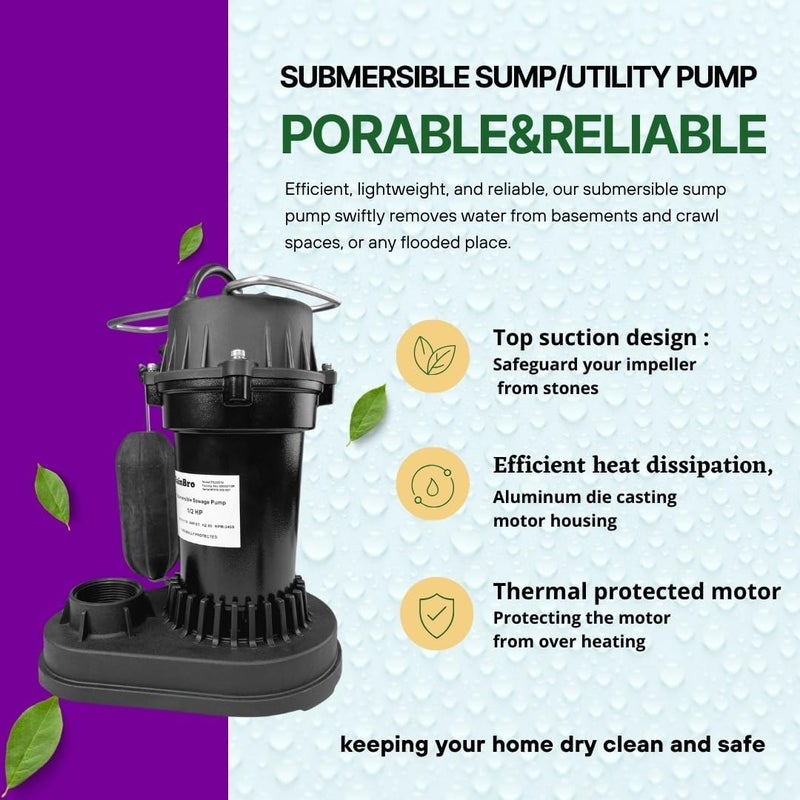 RainBro 1/2 HP Thermoplastic Submersible Sump Pump With Vertical Float Switch, Utility Pump, Model# PSU051V - Image 1